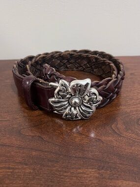 Brighton Braided Brown Leather Belt with Silver Floral Buckle Size 30